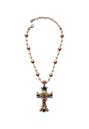 Maxi colar Ravi de crucifixo com perolas vintages e azuis