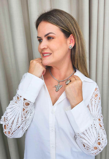 Colar beija flor prata com veneziana e strass black diamond cristal e hematite