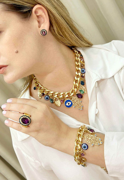 Brinco Vick Nayla roxo e azul banhado no dourado