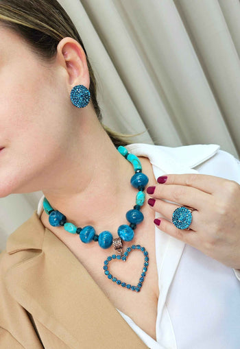 Anel Preciosa redondo com pedras azuis banhado no vintage