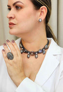 Colar Romana Onix com malha grafite e pedras