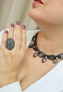 Colar Romana Onix com malha grafite e pedras