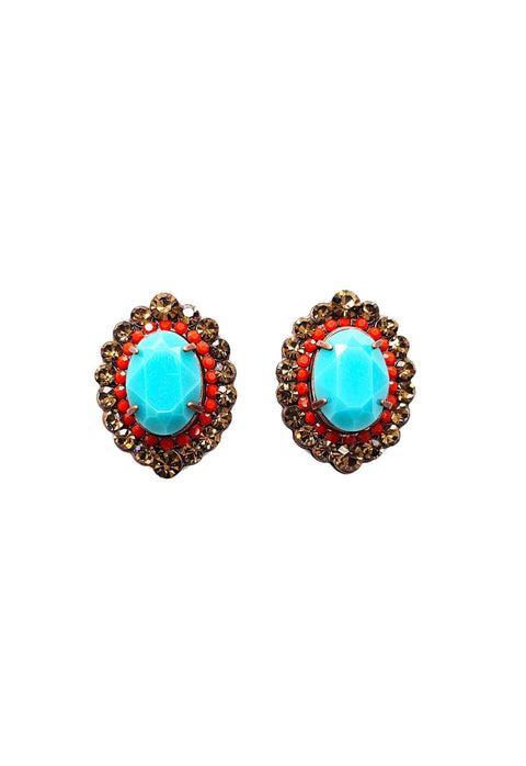 Brinco Ambaris com pedras azul e strass coral e marrom