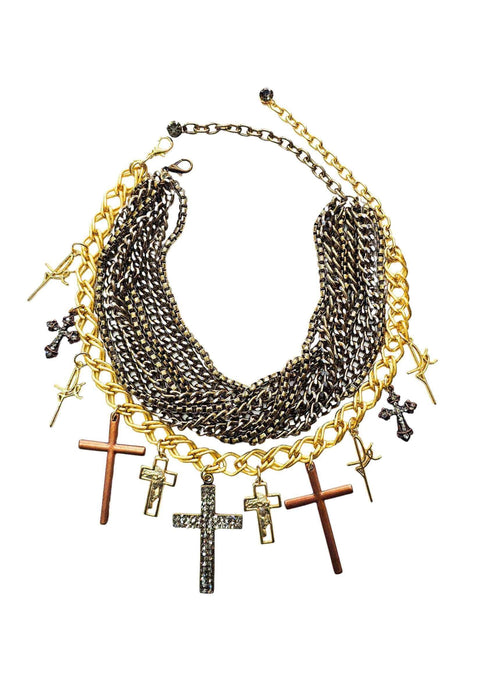 Colar Hadassa com mix de crucifixos e correntes ouro velho e douradas