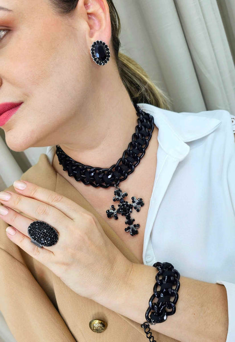 Pulseira Medina jet com couro e elos preto