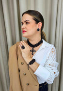 Pulseira Medina jet com couro e elos preto
