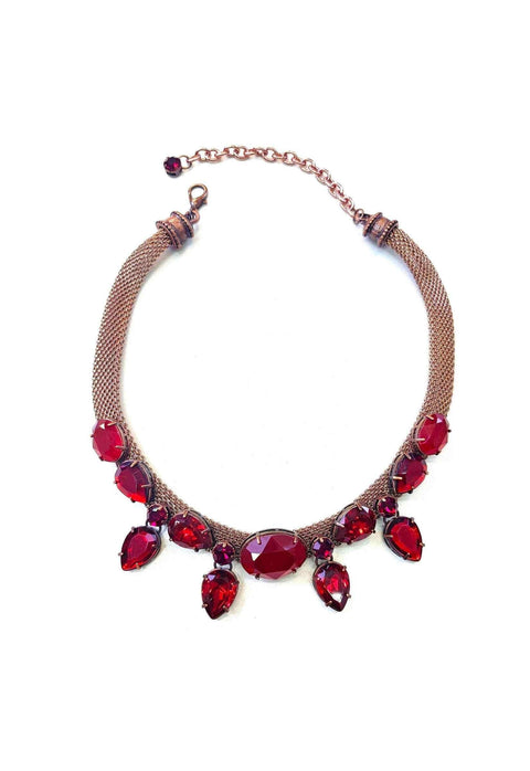Colar Romana Vermelho com malha vintage e pedras vermelhas