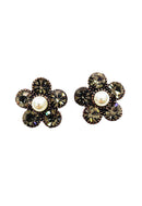Brinco Alegrar de flor com pedras black diamond e perola banhado no vintage