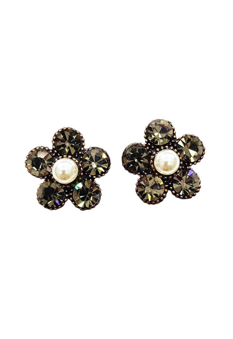 Brinco Alegrar de flor com pedras black diamond e perola banhado no vintage