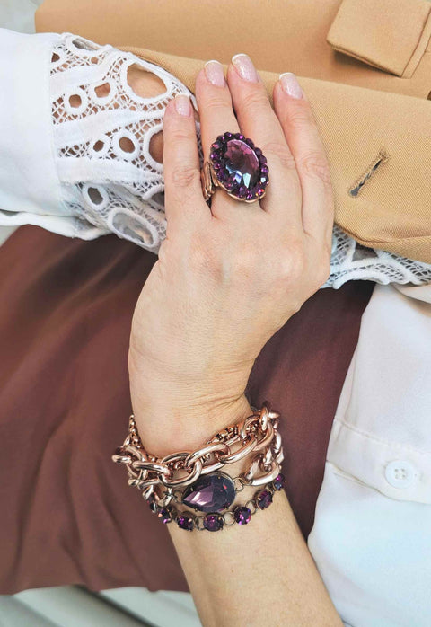 Anel Telma oval com pedras ametista banhado no vintage