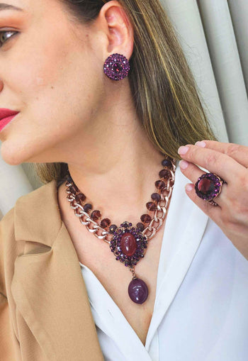 Anel Telma oval com pedras ametista banhado no vintage