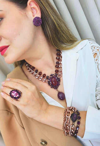 Anel Telma oval com pedras ametista banhado no vintage