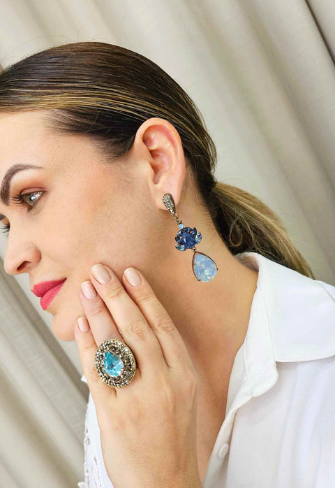 Brinco Helena glam ouro velho com pedras azuis