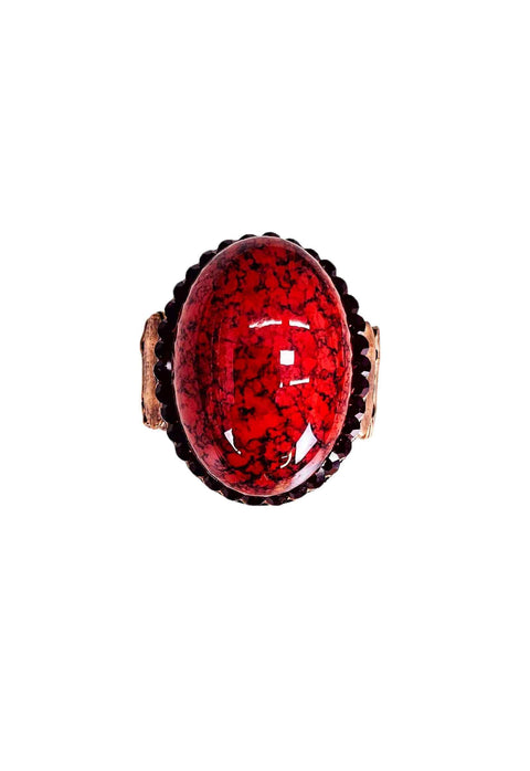 Anel Santo luxo oval com pedras vermelhas banhado no vintage