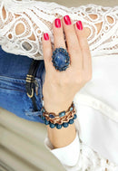 Anel Fashion oval com pedras montana banhado no vintage