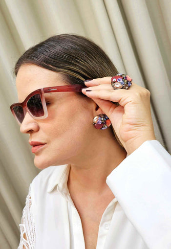 Óculos de Sol Juliana de acetato degrade vermelho e nude com lentes de proteção uv