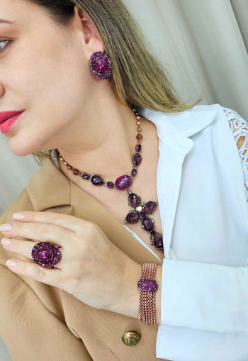 Anel Especial oval com pedras ametista banhado no vintage