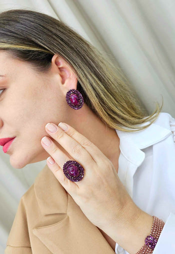 Anel Especial oval com pedras ametista banhado no vintage