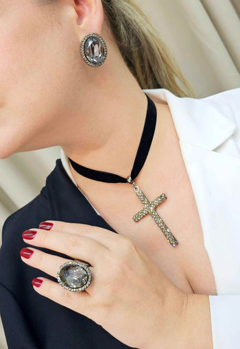 Anel Lumi com pedras black diamond banhado no grafite