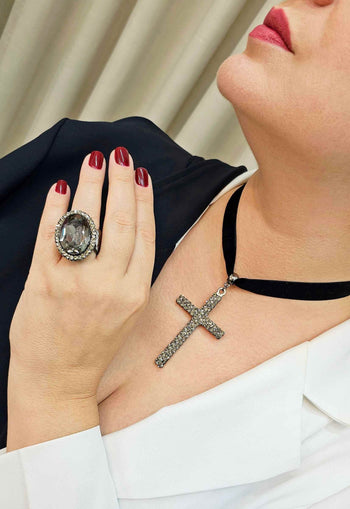 Anel Lumi com pedras black diamond banhado no grafite