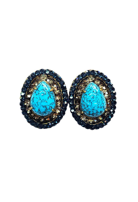 Brinco Antônia oval de pedras azuis e black diamond banhado no ouro velho