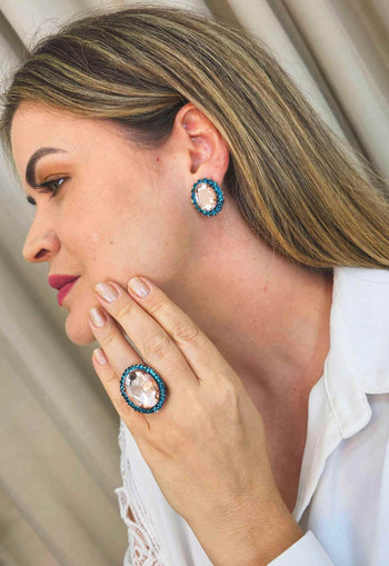 Anel Paloma oval de pedra peach com azul banhado no vintage