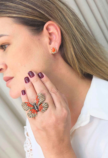 Anel Borboleta Coral Pêssego Ouro Velho Ajustável | Anel Preciosidade