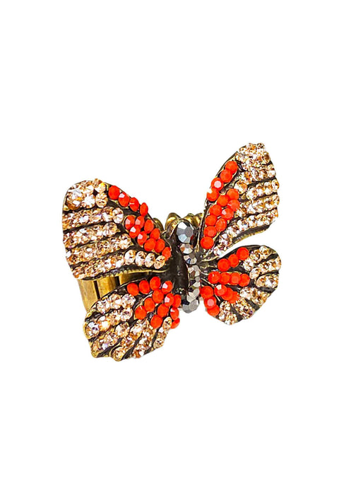 Anel Borboleta Coral Pêssego Ouro Velho Ajustável | Anel Preciosidade