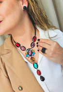 Anel Estela retangular com pedras pretas banhado no onix