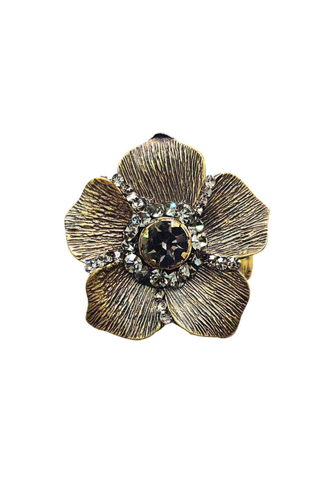 Anel Petra de flor com pedras black diamond e banhado no ouro velho