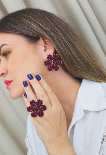 Anel Amira de flor vermelha banhado no vintage