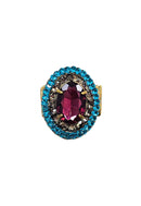 Anel Sublime oval com pedras ametista, blue zircon e black diamond banhado no ouro velho