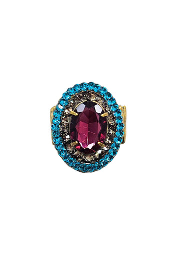 Anel Sublime oval com pedras ametista, blue zircon e black diamond banhado no ouro velho