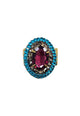 Anel Sublime oval com pedras ametista, blue zircon e black diamond banhado no ouro velho
