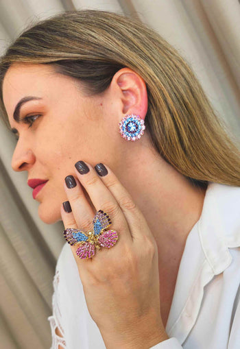 Anel Indira gold de borboleta colorida banhado no dourado