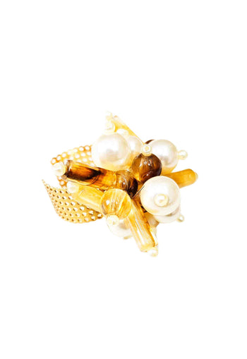 Anel Olinda com perolas, miçangas banhado no dourado