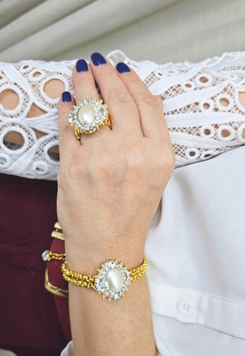 Anel Paulina de perolas e cristal banhado no dourado