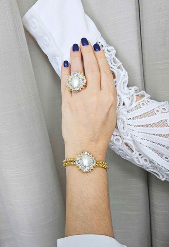 Anel Paulina de perolas e cristal banhado no dourado