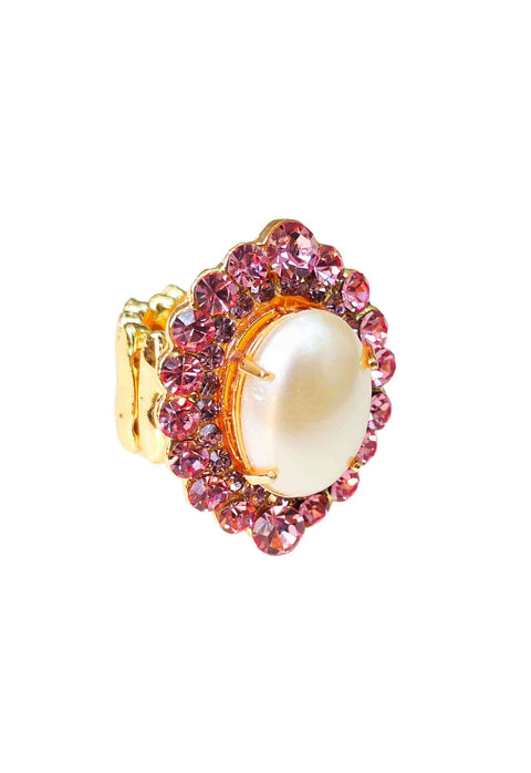 Anel Marluce: Elegante Oval com Pérolas e Pedras Rosas no Dourado | Sahara Acessórios