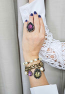 Anel Brenda ouro velho com pedras ametista e strass hematite