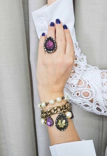 Anel Brenda ouro velho com pedras ametista e strass hematite