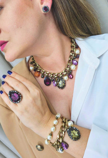 Anel Brenda ouro velho com pedras ametista e strass hematite