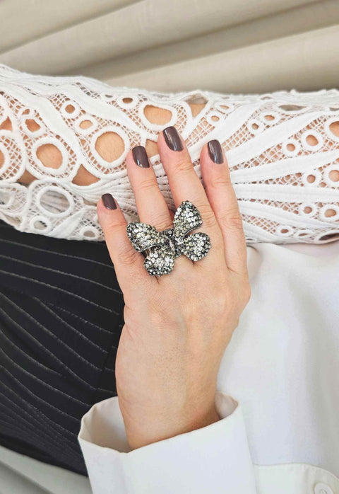 Anel Indira onix de borboleta grafite banhado no onix