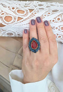 Anel Oval Azul Gota Vermelha Ouro Velho Ajustável | Anel Joana