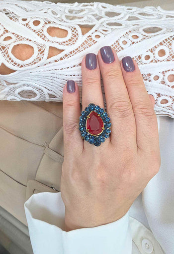 Anel Oval Azul Gota Vermelha Ouro Velho Ajustável | Anel Joana