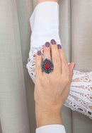 Anel Oval Azul Gota Vermelha Ouro Velho Ajustável | Anel Joana