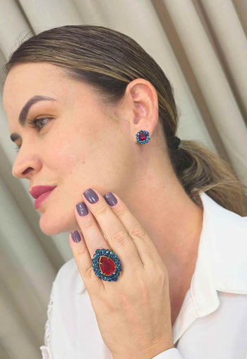 Anel Oval Azul Gota Vermelha Ouro Velho Ajustável | Anel Joana
