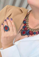 Anel Oval Azul Gota Vermelha Ouro Velho Ajustável | Anel Joana