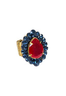 Anel Oval Azul Gota Vermelha Ouro Velho Ajustável | Anel Joana