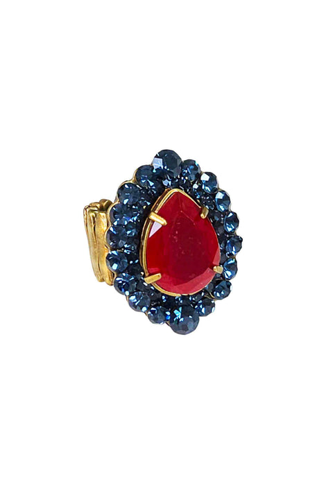 Anel Oval Azul Gota Vermelha Ouro Velho Ajustável | Anel Joana